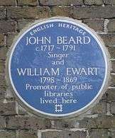 A Blue plaque on a brick wall with the words "John Beard C1717 – 1791 Singer and William Ewart 1798 – 1861 Promoter of Public Libraries
