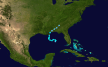 Storm track of a tropical storm that formed in the Gulf of Mexico before moving ashore the Alabama–Mississippi border.