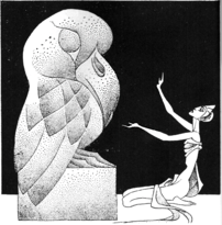 A woman worships an idol that looks like an owl