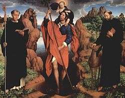 A rectangular oil painting of three saints. It is set in a landfscape and divided in three section by craggy rocks along the side of a stream. Ss Maurus and Giles are robed in black as Dominican friars. Maurus has a bishop's staff and reads a book. Giles has his hand on the head of a doe. In the centre, St Christopher, with a wooden staff and red robe, wades in the stream carrying the Christ Child on his shoulders. The child is robed in black.