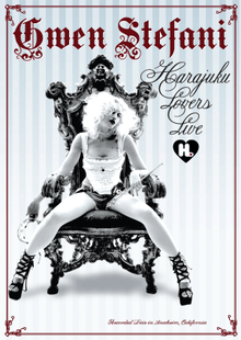 The cover shows a black-and-white image of a blonde lady wearing a white lacy vest top, small denim shorts and black high-heeled shoes sitting on a throne, leaning forwards with her legs spread wide, in front of a blue-and-white vertical-striped background. The words "Gwen Stefani" in purple text are above her and the words "Harajuku Lovers Live" in black italic text are to her left. The words "Filmed Live in Anaheim, California" are across the bottom in purple italic text.