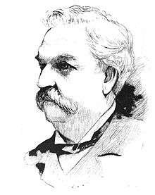 An engraving of a fleshy man in his mid-50s portrayed from the collar up, the man shown having white hair, white bushy eyebrows and a large white mustache, wearing a tuxedo collar, bowtie and jacket, looking to the left