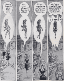Four comics panels showing a group of men attempting to chat with a beautiful young woman as she walks by; as part of their dialogue balloons, they imagine her naked.