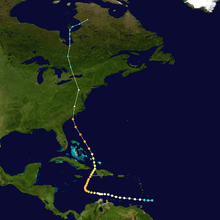 A track starts slightly east of the Lesser Antilles; it goes west until it turns north-northeast when it is south of Jamaica; it passes over Haiti, and reaches the Carolinas; it travels overland, passing through the Washington, D.C. area before dissipating over Canada