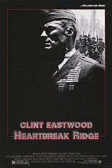 A black poster with a portrait shot showing the upper body of an older man dressed in a military uniform. In the background are a group of soldiers. Some of them are kneeling, and some are standing, holding rifles. Above in bold white letters, is a line that reads: "... the scars run deep." Below, in large letters it reads: "Clint Eastwood" and "Heartbreak Ridge". Below that are the film credits.