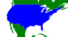 The contiguous United States are shaded in blue on this map of northern North America