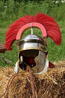 Modern reconstruction of a 1st Century centurion's helmet. It has embossed eyebrows and circular brass bosses typical of an Imperial Gallic helmets.