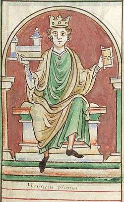 King Henry I of England holding a miniature chapel in one hand and the Domesday Book in another