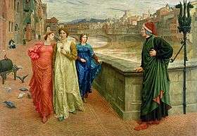 On a bridge a man dressed in black (Dante) looks at three women walking along a street; the central women (Beatrice) looks straight ahead, while the other two look towards Dante