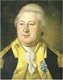 Portrait shows a portly man with white hair and a double chin. He wears the uniform of the Continental Army, a dark blue coat with buff lapels and facings.