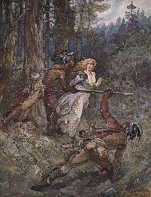 Painting of Laura Secord led by Mohawk warriors through the woods