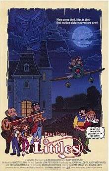 In the light of the full moon, an old-looking man casts a fearful gaze above a stately mansion, while four tiny creatures—Lucy, her brother Tom, their Grandpa, and their cousin Dinky—are aboard a small plane. Those creatures, called the Littles, are also seen holding a key to the left of the title; on the opposite side, Mr. and Mrs. Little stand next to a wavy box bearing the tagline: "At last, your favorite little characters on the big screen!" At the lower portion of the credit bylines, composer Haim Saban's first name is misspelled as "Hiam".