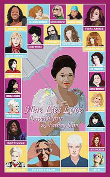 A montage of faces from the album collaborators surrounding Imelda Marcos holding a parasol