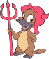 Hexley the Platypus, a cartoon platypus standing, holding a trident and wearing a hat