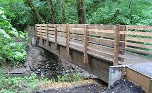 A wooden footbridge about 3 feet (1 m) wide and 30 feet (9.1 m) long spans a small stream flowing through a forest.
