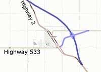 Proposed Highway 2 bypass of Nanton, Alberta.