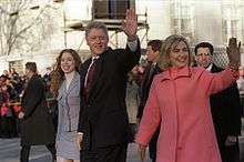 Chelsea, Bill, and Hillary Clinton take an inauguration day walk down Pennsylvania Avenue in Washington, D.C., on January 20, 1997, when Bill started a second term as President.