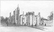 A monochrome illustration of a large medieval building, with many windows, turrets, and chimneys.  Sculpted bushes surround the house, which is surrounded by fields and trees.