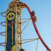 One of Hollywood Rip Ride Rockit's vehicles entering the first drop after the vertical lift hill.