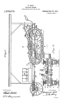 Simple, side-on drawing of a tractor similar to a Holt seventy-five, with the track arrangements drawn in greater detail.