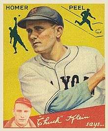 A baseball card of a man in a white baseball jersey with "New York" written on the chest and a navy blue cap with an orange "NY" on the center having just swung his bat.
