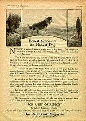 Three graphics panel at the top of a magazine page depict trees and a grass land.  A dog, a Rough Collie, stands in the center panel.  Text underneath the panels praise Terhune's writing abilities and call for readers to buy the next issue to read Terhune's next short story.