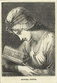 Engraving of Honora Sneyd reading, from a painting by George Romney, entitled 'Serena Reading'