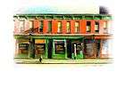 painting similar to Edward Hoppers Sunday Morning showing a line of two story old business storefronts, mostly painted green and orange with yellow highlights, barber's pole, hydrant