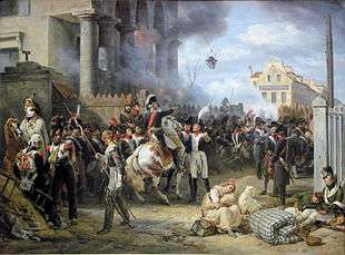 Painting showing blue-coated soldiers defending a position in a city