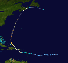 Storm path of hurricane forming the shape of a C in the western Atlantic Ocean.