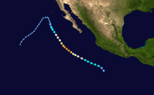 Path of a hurricane in the northeastern Pacific Ocean.