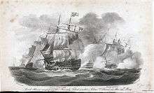 Depiction of a naval battle. A ship in full sail, flying the Union flag from its top mast, engages with enemy ships which are largely obscured by gunsmoke, although some have clearly suffered damage.