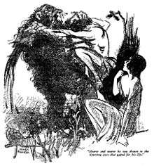 Drawing of a man wrestling with an ape.  Blood is gushing from the stump of the ape's right arm.  A woman recoils in the foreground.