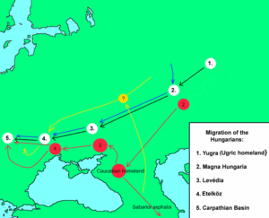 A map depicting Central and Eastern Europe and two possible routes of the Magyars' migrations towards the Carpathian Basin