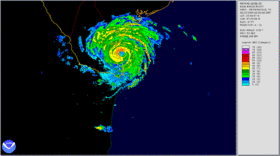 An animated series of radar images depicting a storm moving over Texas from the Gulf of Mexico.
