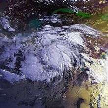 Satellite image of hurricane near landfall.