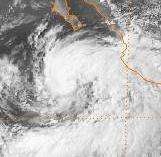 Satellite image of a tropical cyclone located south of Baja California; it was then-recently upgraded to a hurricane