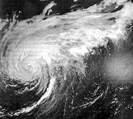 Black and white image of a hurricane. Rainbands to the top of the hurricane are extended out to the upper-right, and the center of the hurricane itself is located at center-left. Clouds appear as shades of white and the sea as shades of black. However, sunglint is visible at center-right.
