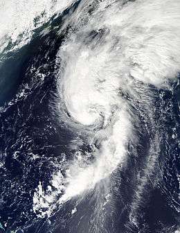 A satellite image depicting a Category 1 hurricane moving towards Newfoundland.
