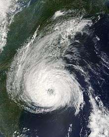 Satellite image of a tropical cyclone near the United States east coast. It presents a pronounced eye feature.