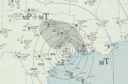 Weather map depicting a storm moving inland over Texas