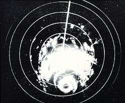 Black and white radar image of a hurricane. Rainbands are visible, as well as the eye, on radar.