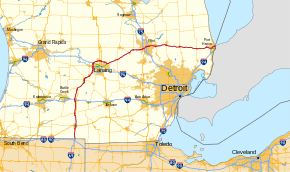 I-69 runs northward from Indiana to the Lansing area and then curves eastward to Port Huron, forming an arc in the Lower Peninsula of Michigan