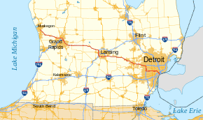 I-96 runs west-northwest to east-southeast across the Lower Peninsula of Michigan