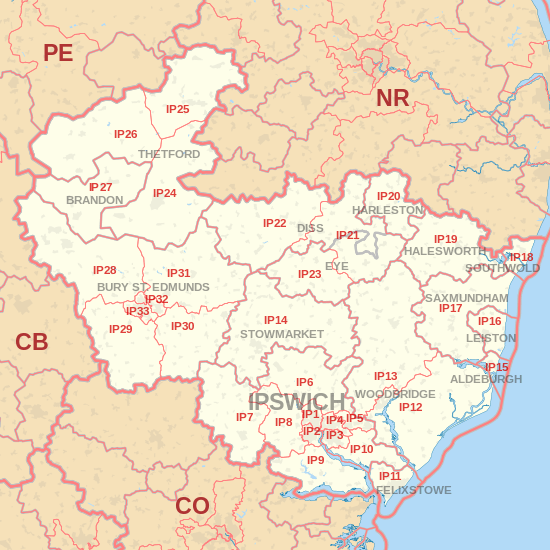 IP postcode area map, showing postcode districts, post towns and neighbouring postcode areas.
