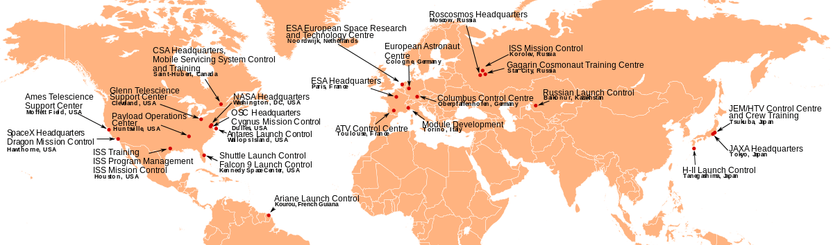 A world map highlighting the locations of space centres. See adjacent text for details.