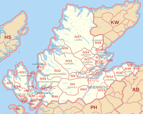 IV postcode area map, showing postcode districts, post towns and neighbouring postcode areas.