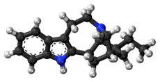 Ball-and-stick model of the ibogamine molecule