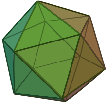 The nearly round icosahedron has 20 faces. Each face is an equilateral  triangle.