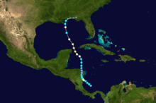 Map of a track starting in the southern Caribbean Sea and extending northward into the Gulf of Mexico and the United States Gulf Coast. Points along the track indicate storm intensity by color and classification by shape.